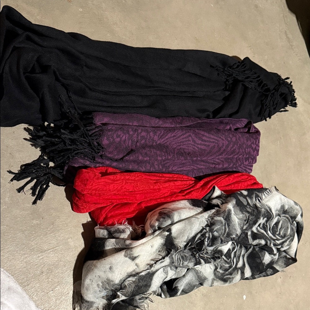 Elegant Black, Purple, Red, and Gray Scarves Set